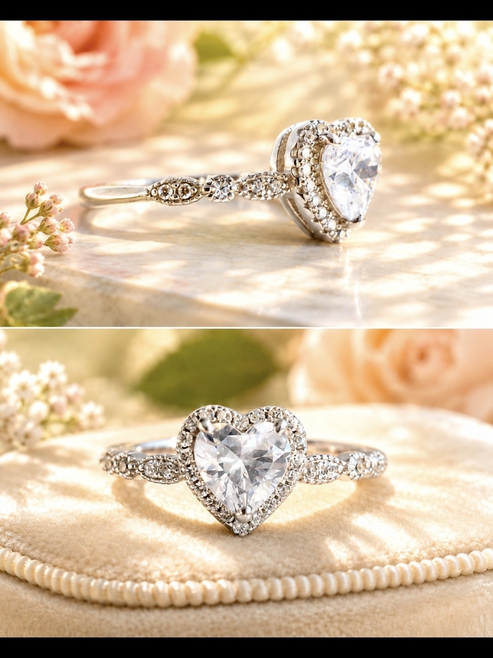 Heart Halo Cubic Zirconia 925 Sterling Silver Ring - White